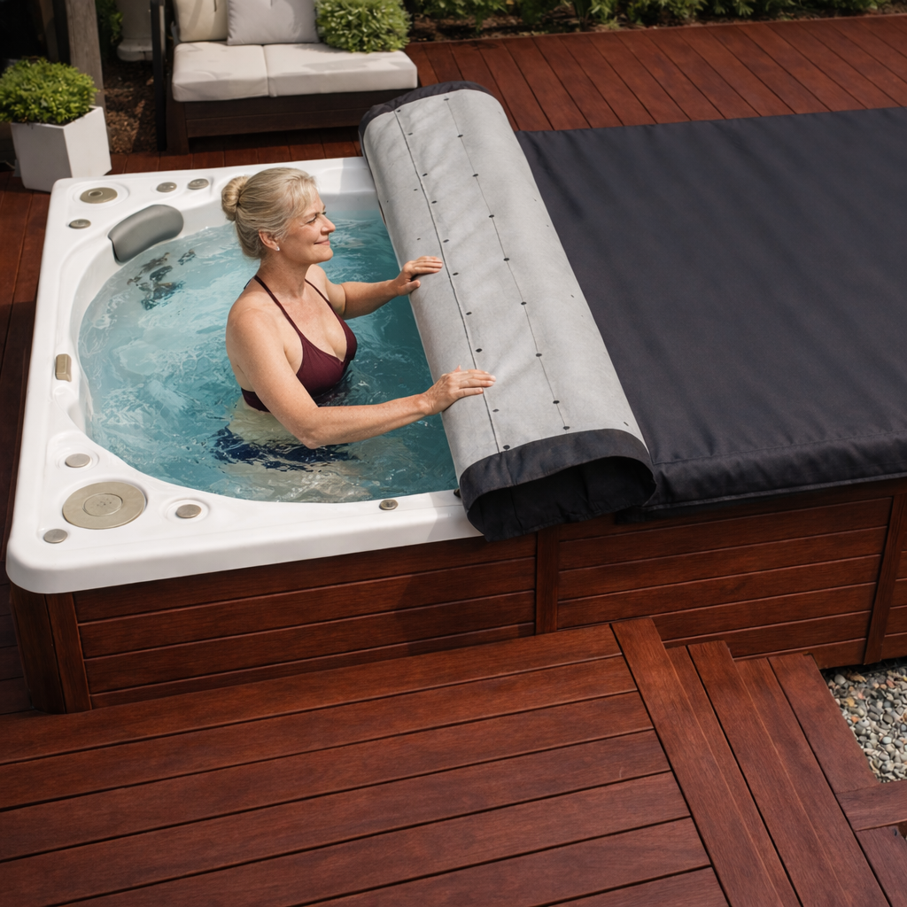 Rolling System for swim spa cover for quick access. Superior Heat Retention
Insulated foam core lid from The Cover Brothers.