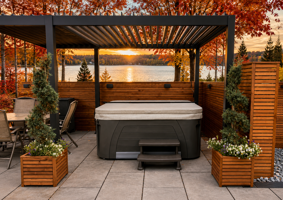 Custom Unique shaped hot tub in the fall time overlooking lake