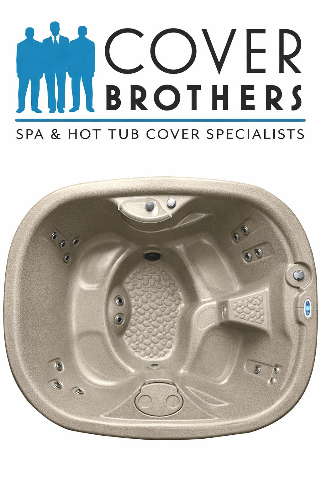 Cover Brothers logo above a top-down image of an 82 x 71 InnovaSpa Urbania hot tub in beige, highlighting its compact rectangular shape, molded seating, and jet layout, with the tagline “Spa & Hot Tub Cover Specialists” on a clean light background.